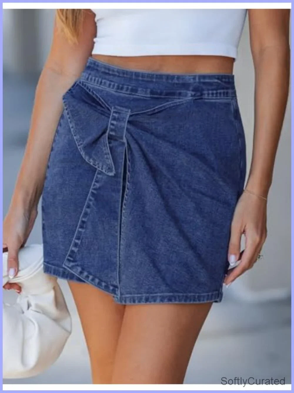 High Rise Denim Skort with Bow Detail